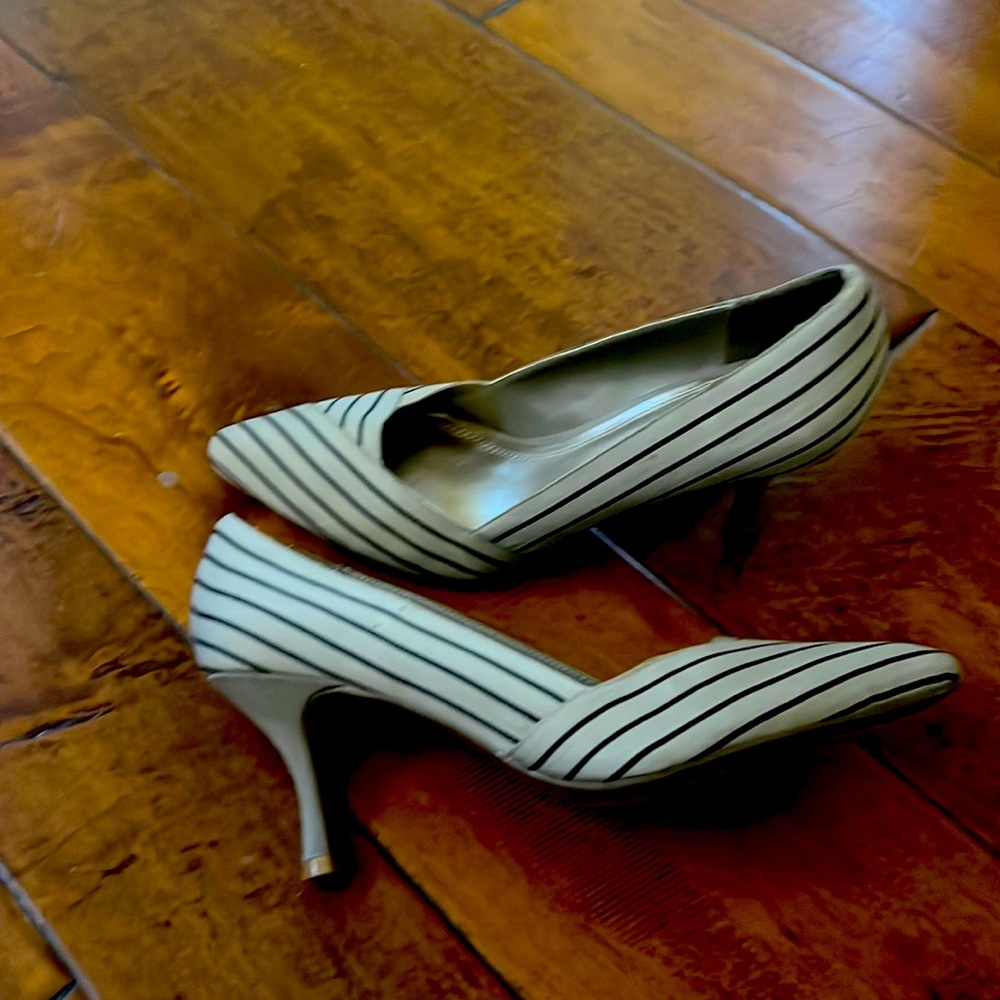 Gray and Blue pinstripe pumps!